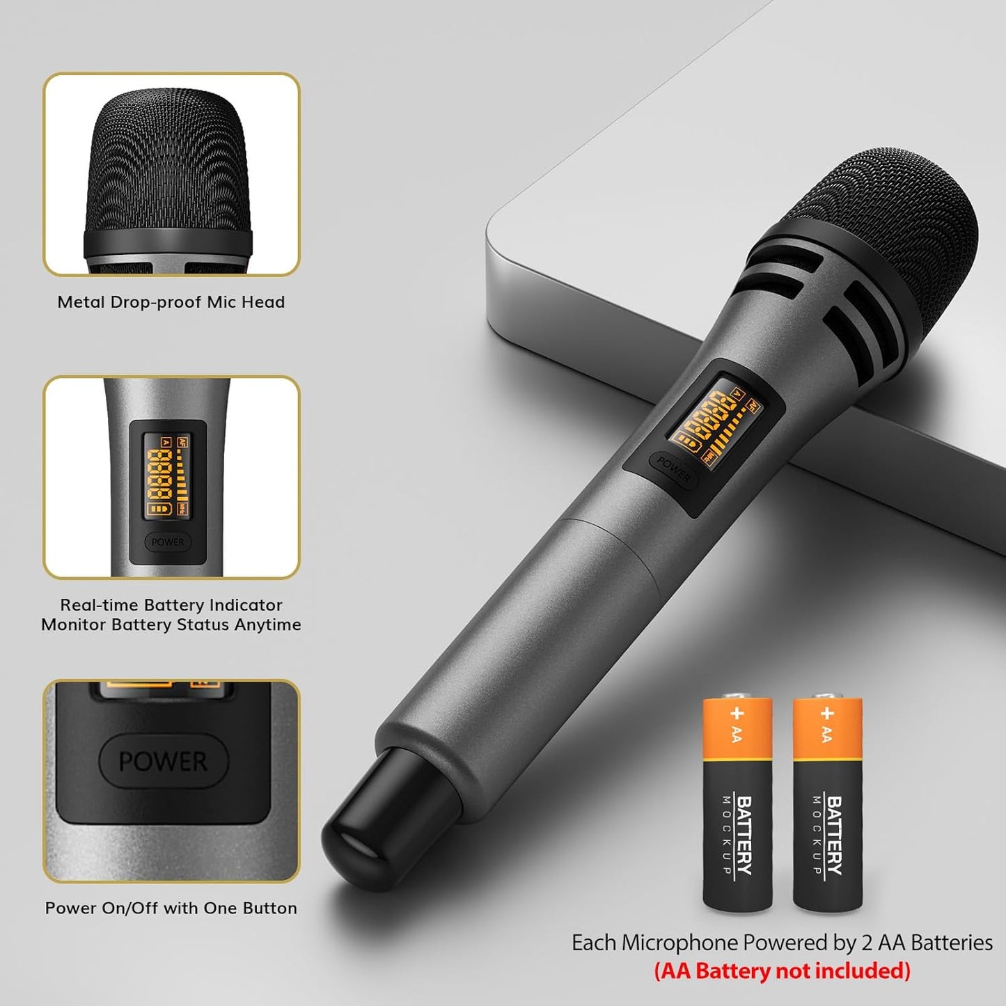 TONOR Wireless Microphones, UHF Dual Karaoke Microphone System, Microfonos Inalambricos with Rechargeable Receiver, Cordless Dynamic Mic for Singing, Wedding, DJ, Party, Speech TW320 Grey - PuriLite
