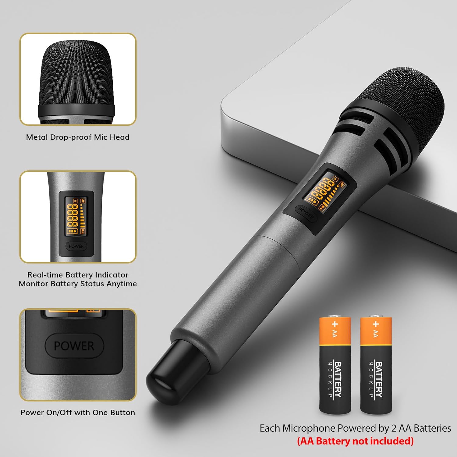 TONOR Wireless Microphones, UHF Dual Karaoke Microphone System, Microfonos Inalambricos with Rechargeable Receiver, Cordless Dynamic Mic for Singing, Wedding, DJ, Party, Speech TW320 Grey - PuriLite