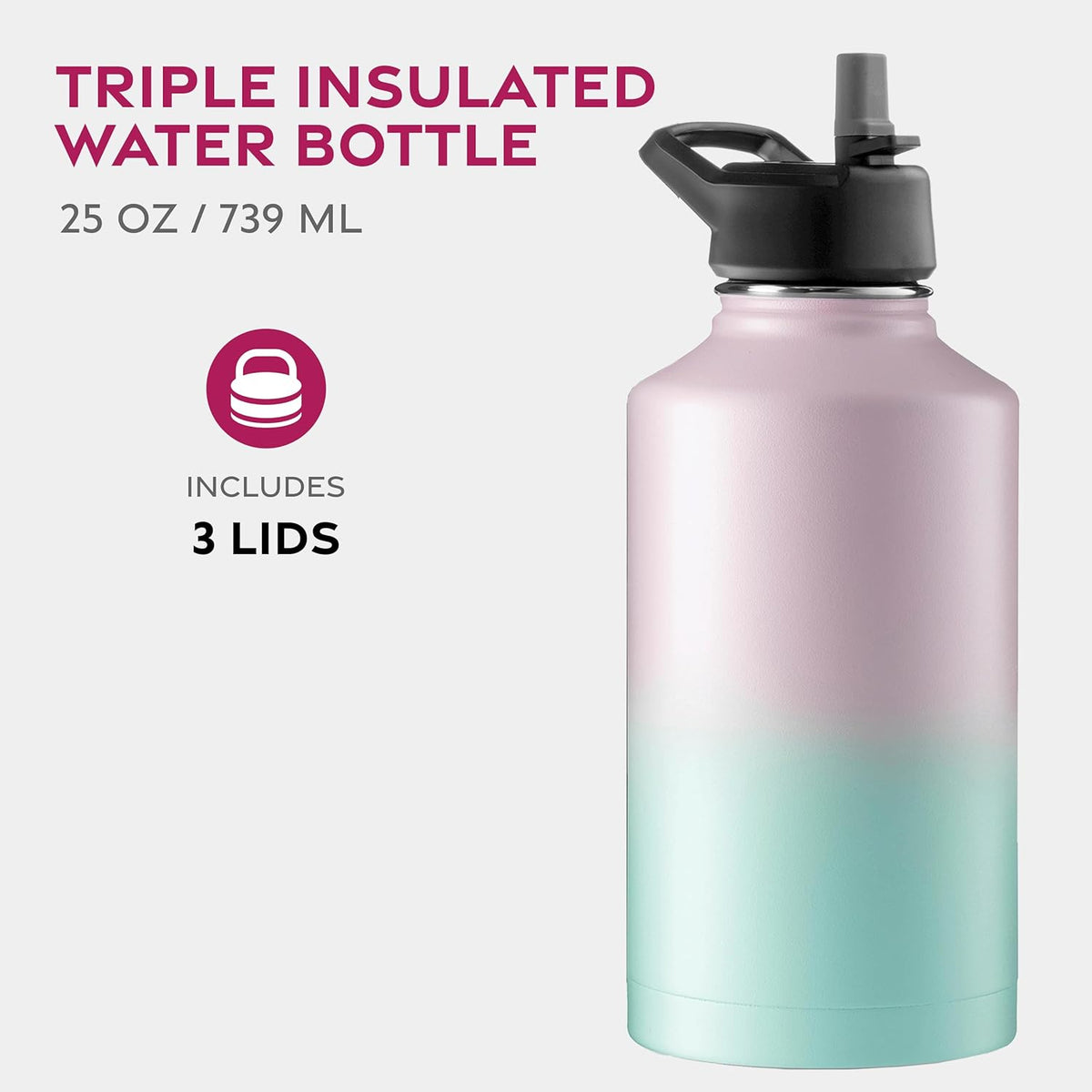 FineDine Water Bottle - Stainless Steel Insulated Water Bottle with Straw Lid, Flip Lid & Wide-Mouth Cap - Keeps Hot and Cold - 25 Oz / 739ml - Pure Pearly White - PuriLite