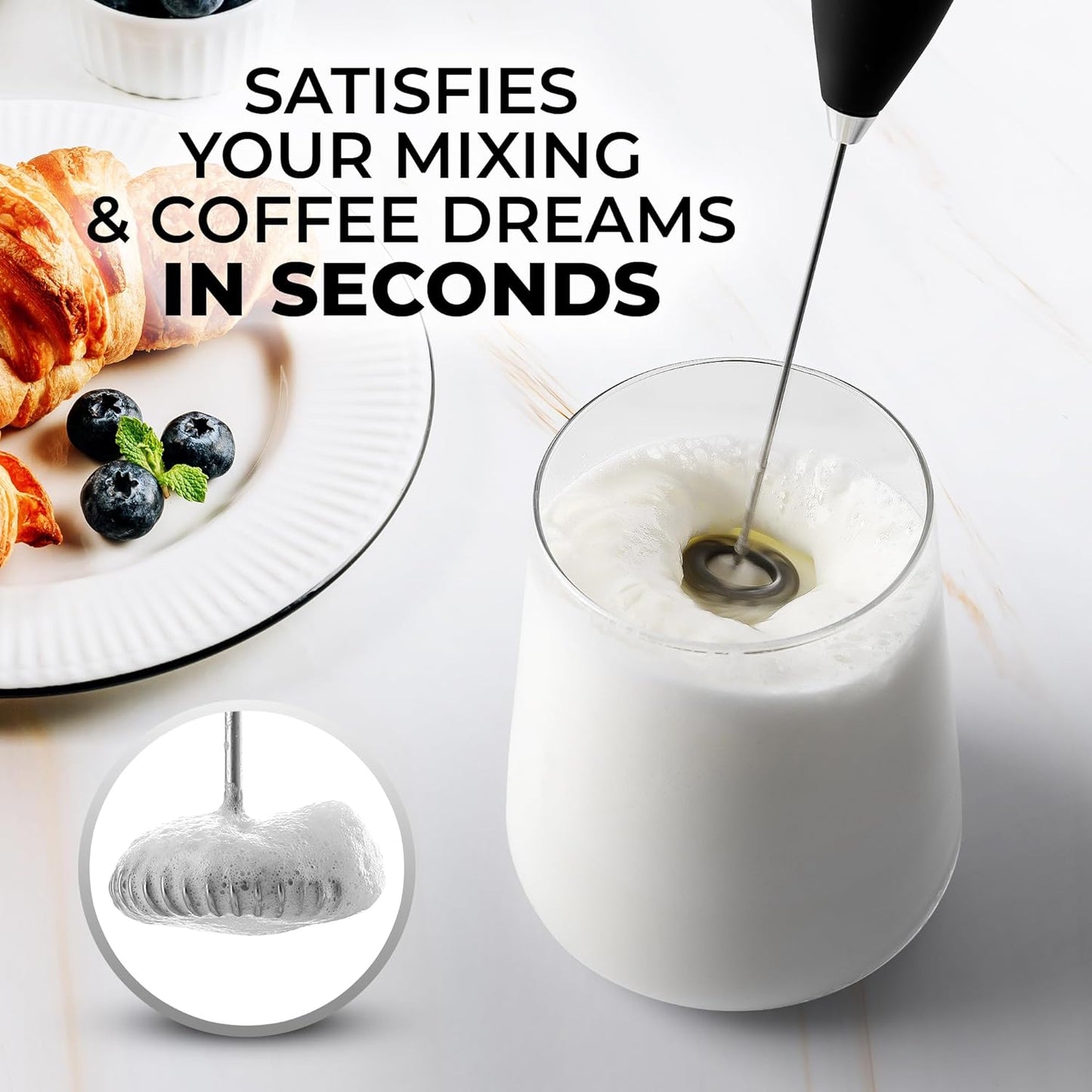 Zulay Kitchen Powerful Double Whisk Milk Frother Handheld - Foam Maker with Stand - Whisk Drink Mixer for Coffee, Mini Foamer for Latte, Matcha, Frappe, Hot Chocolate & Cappuccino (Black) - PuriLite