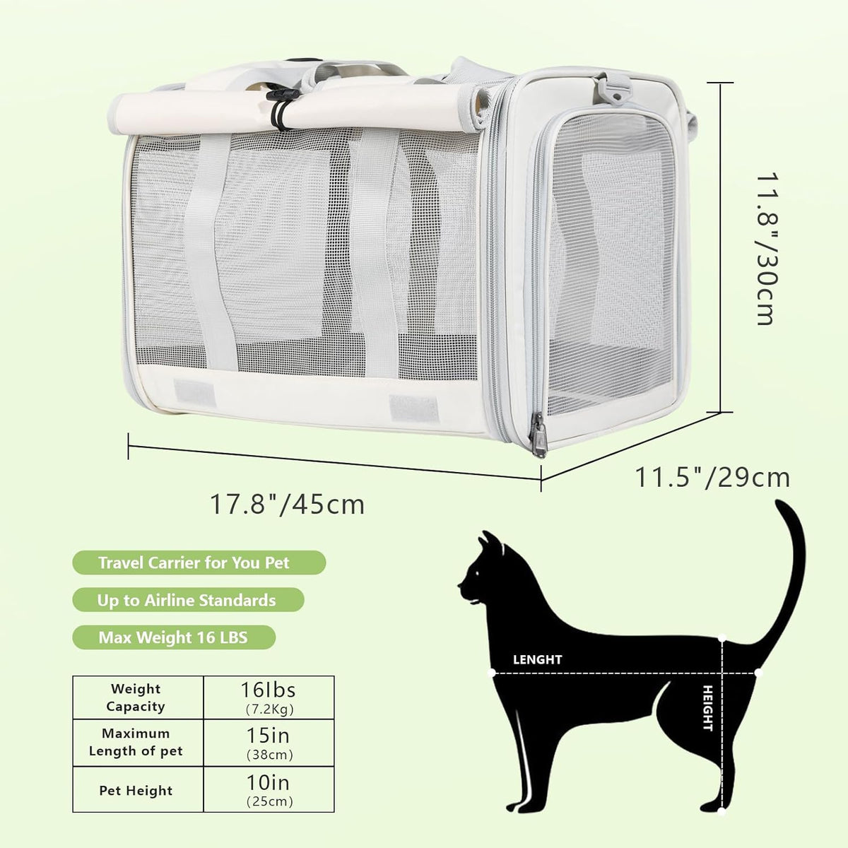 Le city Cat Carrier and Dog Carrier is Designed for Pets Weighing up to 16 lbs.Soft-Sided,Durable and Collapsible Travel Carrier,Breathable Mesh for Ventilation,Adjustable Shoulder Strap for Comfort - PuriLite