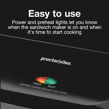 Proctor Silex 4 Serving Panini Press, Sandwich Maker and Compact Indoor Grill, Upright Storage, Easy Clean Nonstick Grids, Black (25440PS) - PuriLite