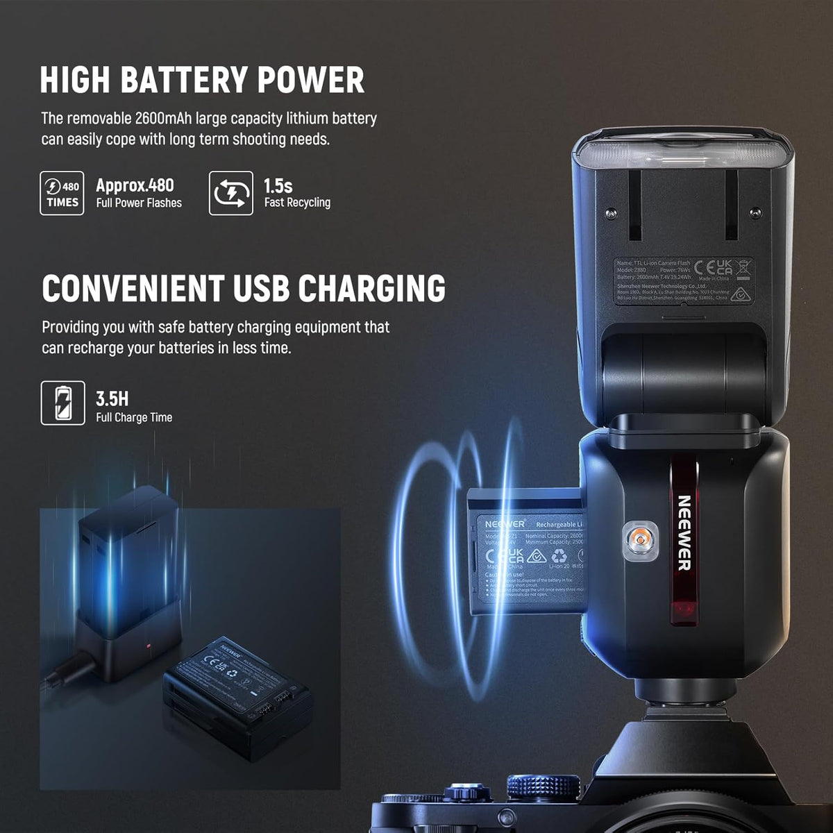 NEEWER Z880-C 2.4G 76Ws TTL Camera Flash Speedlite Compatible with Canon, Upgraded UI, Adjustable Modeling Lamp, TTL/M Quick Switch TCM Key, 1/8000s HSS 7.4V/2600mAh Battery 480 Full Power Flash - PuriLite