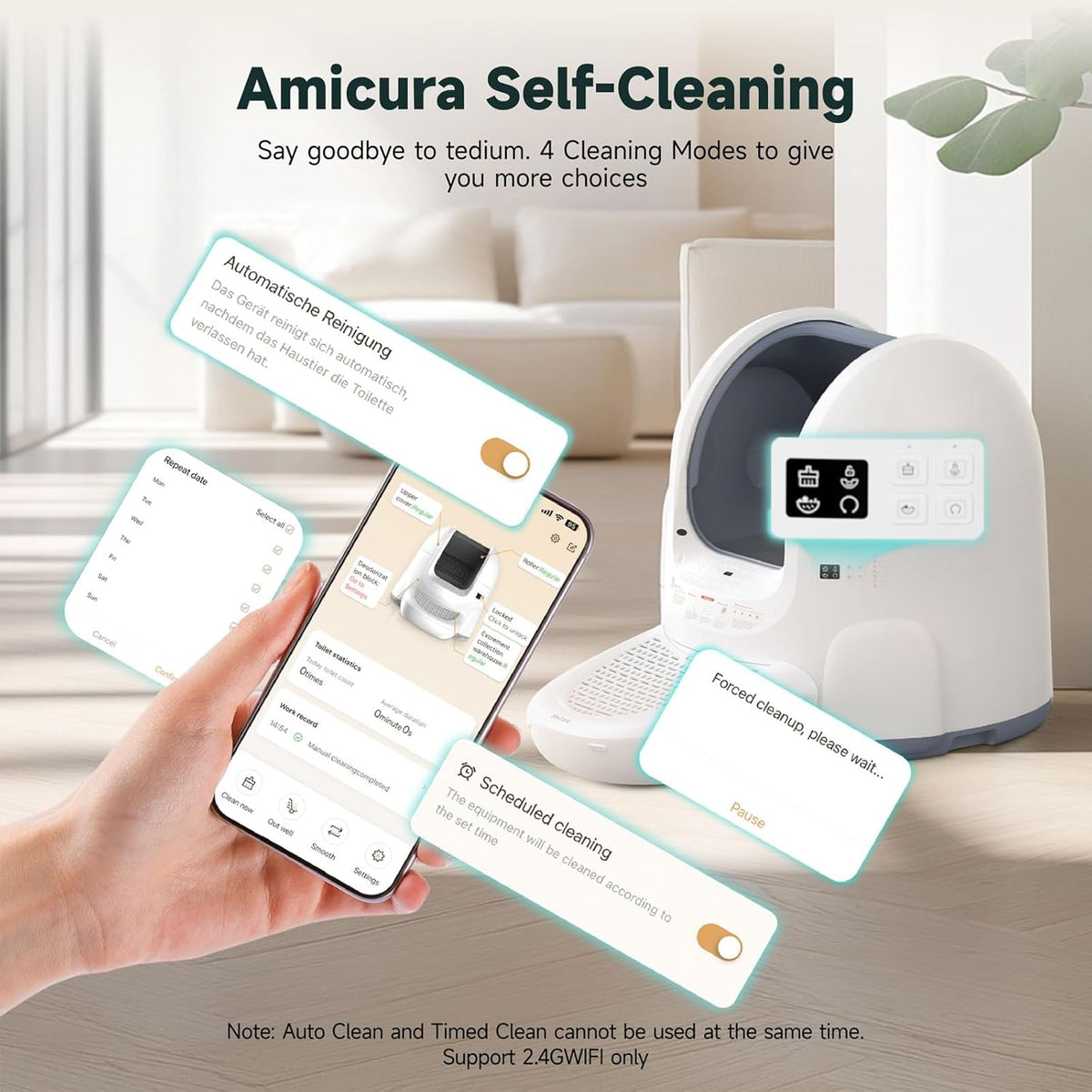 Amicura Automatic Cat Litter Box, Self Cleaning, 360-Degree Detection Smart Anti-Pinch, App Control, Odor-Proof, 65L Extra Large Open-top Cat Litter Box, Ultra Quiet Cat Toilet - PuriLite