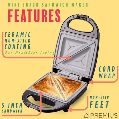 PREMIUS Ceramic NonStick Mini Snack Sandwich Maker, Indicator Light, 5x4.4 Inch Mold, Great for French Toast, Tuna Melt, Egg & Grilled Cheese, Pancake Sandwich, Desserts, Toasties, 520 W (Red) - PuriLite