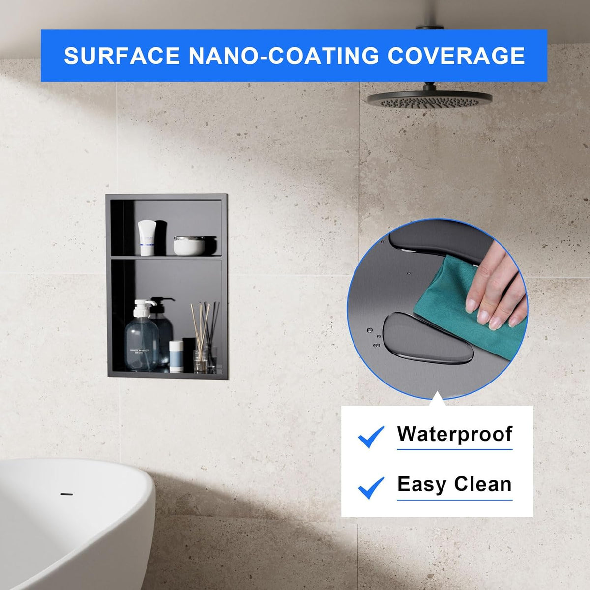 MENATT No Tile Shower Niche, Stainless Steel Wall Niche 13"X19"(Inner Size 12"X18"), Two-Tier Bathroom Shelf, NO Tile Needed Recessed Niche Shower for Bathroom Storage, Black - PuriLite