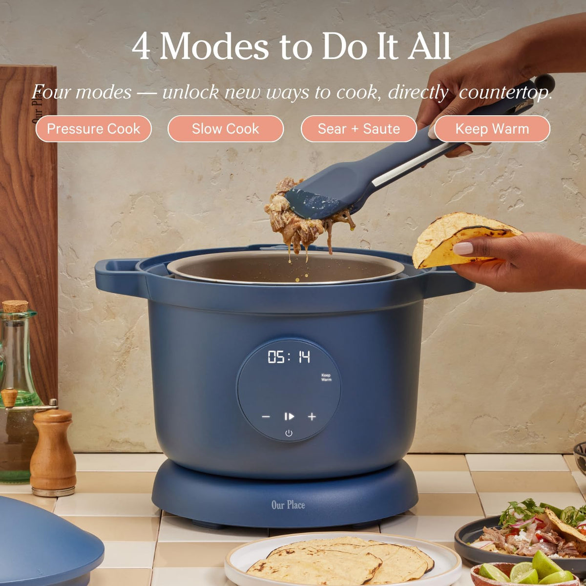 Our Place Dream Cooker | 5.6 L. Multicooker | 4 Versatile Modes | Pressure Cook, Slow Cook, Sear & Saute, Keep Warm | Hands-Free Steam Release | Tailored Control Panel | Blue Salt - PuriLite