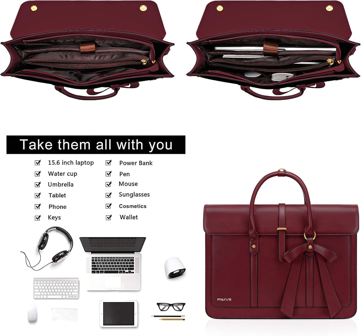 MOSISO Laptop Bag for Women, PU Leather Laptop Shoulder Bag Convertible Backpack, Work Travel Computer Bag with Bowknot - PuriLite