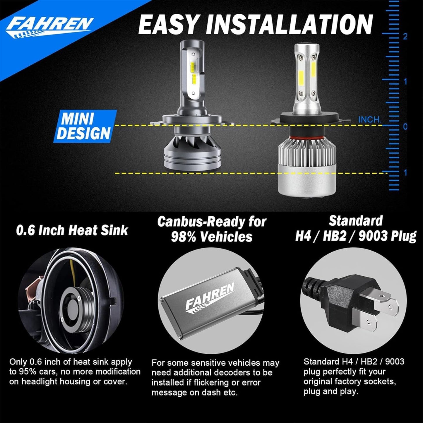 FAHREN H11 H9 LED Headlight Bulbs, 40000LM Super Bright H11 LED Bulb with Canbus Driver, 360° Adjustable Light Angle Halogen Replacement Kit, 6500K White IP68 Waterproof, Pack of 2 - PuriLite