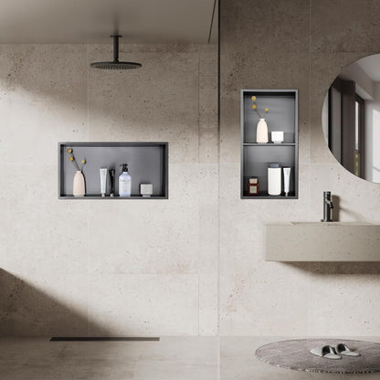 MENATT No Tile Shower Niche, Stainless Steel Wall Niche 13"X19"(Inner Size 12"X18"), Two-Tier Bathroom Shelf, NO Tile Needed Recessed Niche Shower for Bathroom Storage, Black - PuriLite