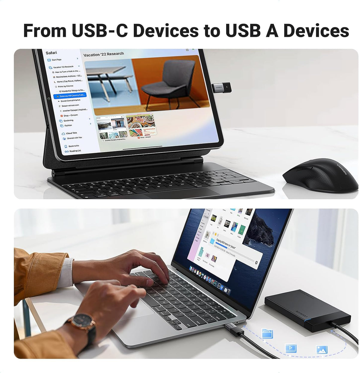 UGREEN USB C to USB Adapter 2 Pack, 3.2 Gen 2 10Gbps C Male to A Female Adapter Thunderbolt 4 3 OTG Compatible with iPhone 15, Galaxy S24, MacBook Pro Air, iPad Pro, Grey - PuriLite