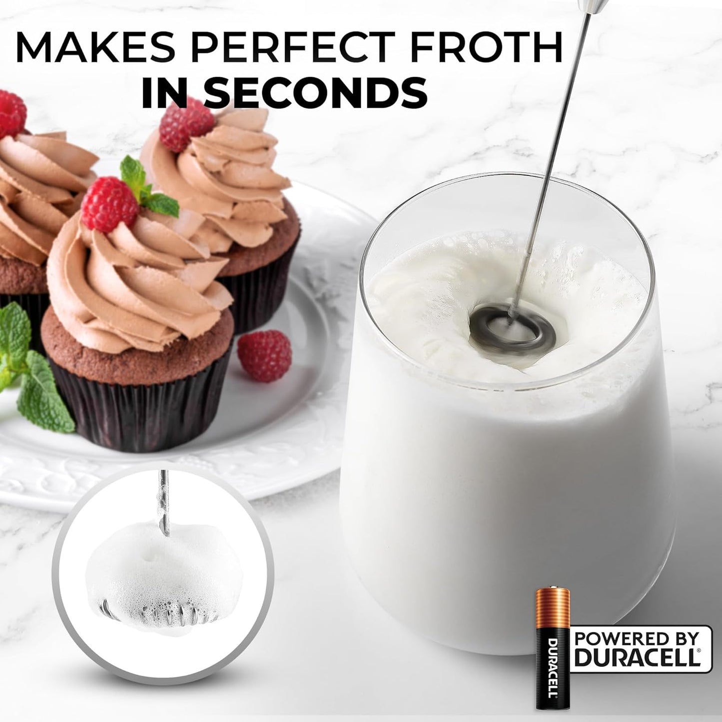 Zulay Kitchen Powerful Double Whisk Milk Frother Handheld - Foam Maker with Stand - Whisk Drink Mixer for Coffee, Mini Foamer for Latte, Matcha, Frappe, Hot Chocolate & Cappuccino (Black) - PuriLite