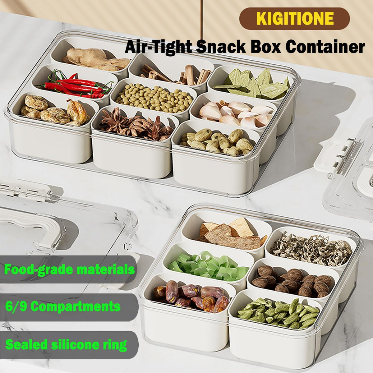 KIGITIONE Snackle Box, Pink 8 Compartments Portable Serving Tray, Divided Snackle Box Container with Lid and Handle, Snack Organizer for Fruits, Snacks, Nuts, Candy, Ideal for Party, Travel & Picnics - PuriLite