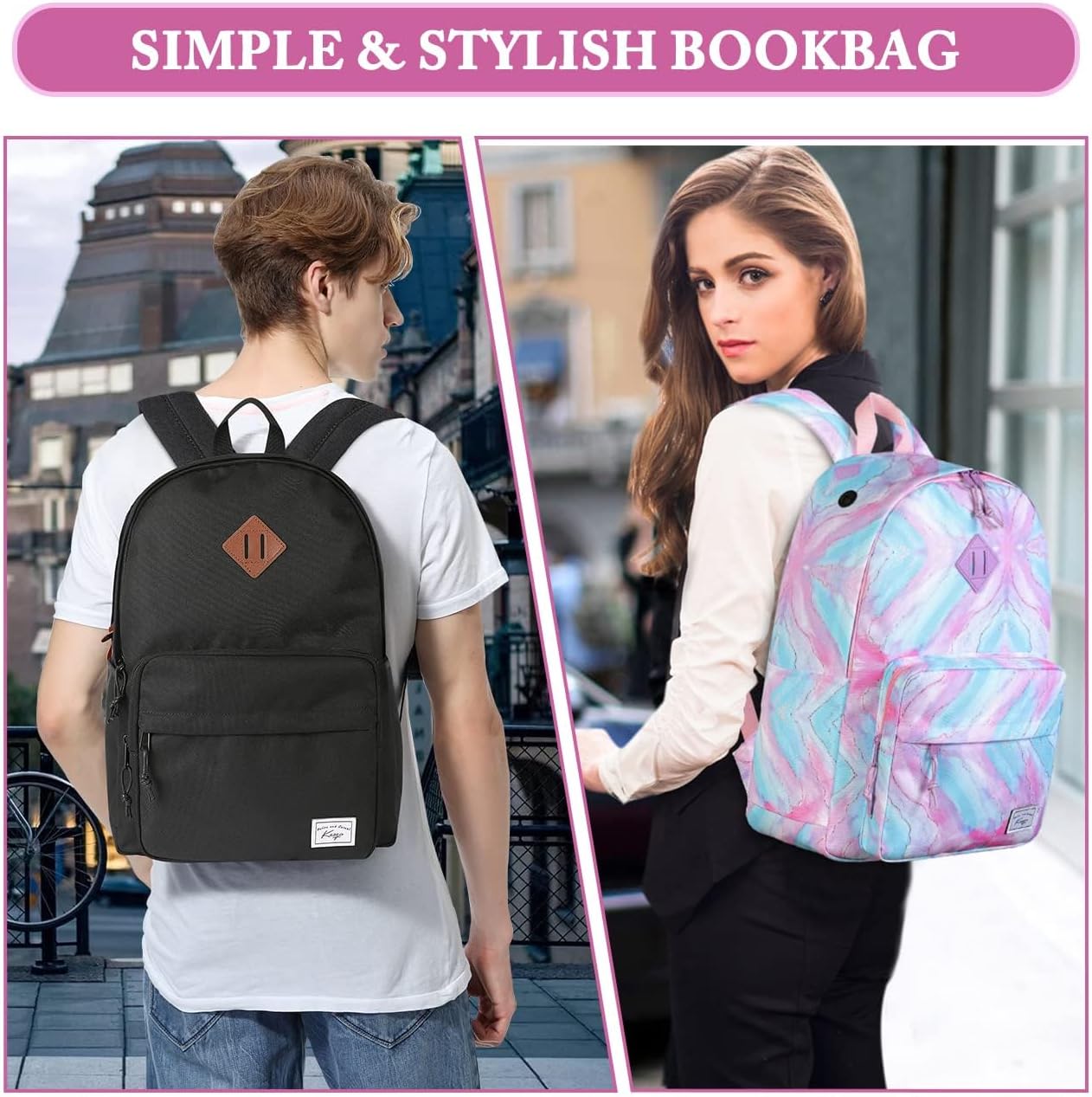 School Backpack, Kasqo 15.6 Inch Classic Lightweight Water-Resistant Backpack for Men Women Teens Girls Boys Kids to School, College, Travel, Work, Black - PuriLite