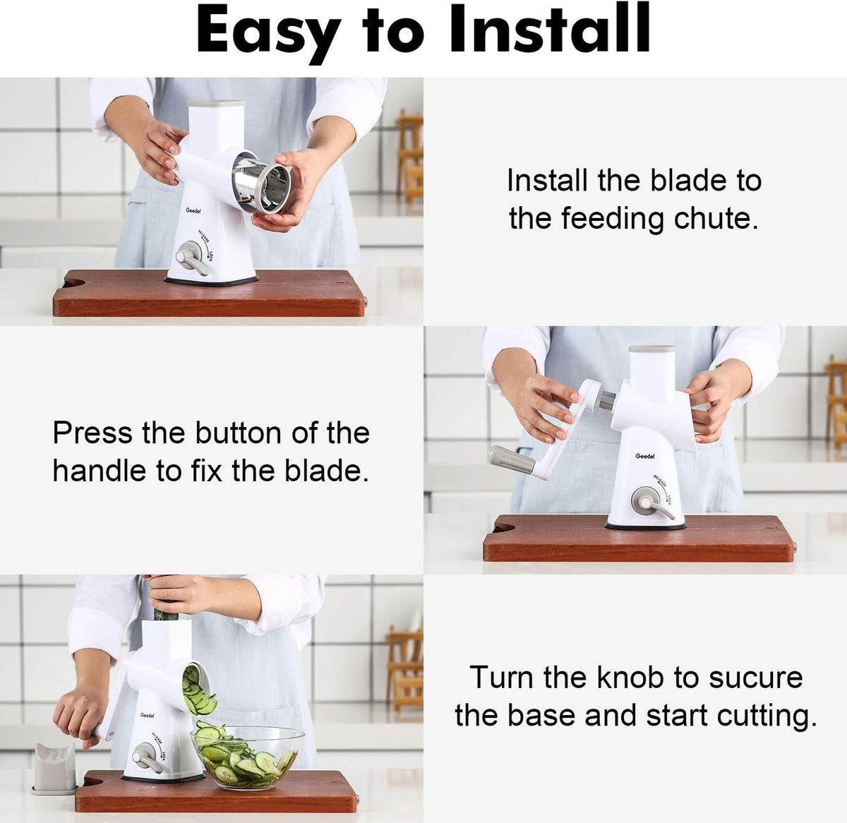 Geedel Kitchen Cheese Grater, Rotary Mandoline Vegetable Slicer with Interchangeable Blades, Easy to Use Rotary Grater Slicer for Fruit, Vegetables, Nuts - PuriLite