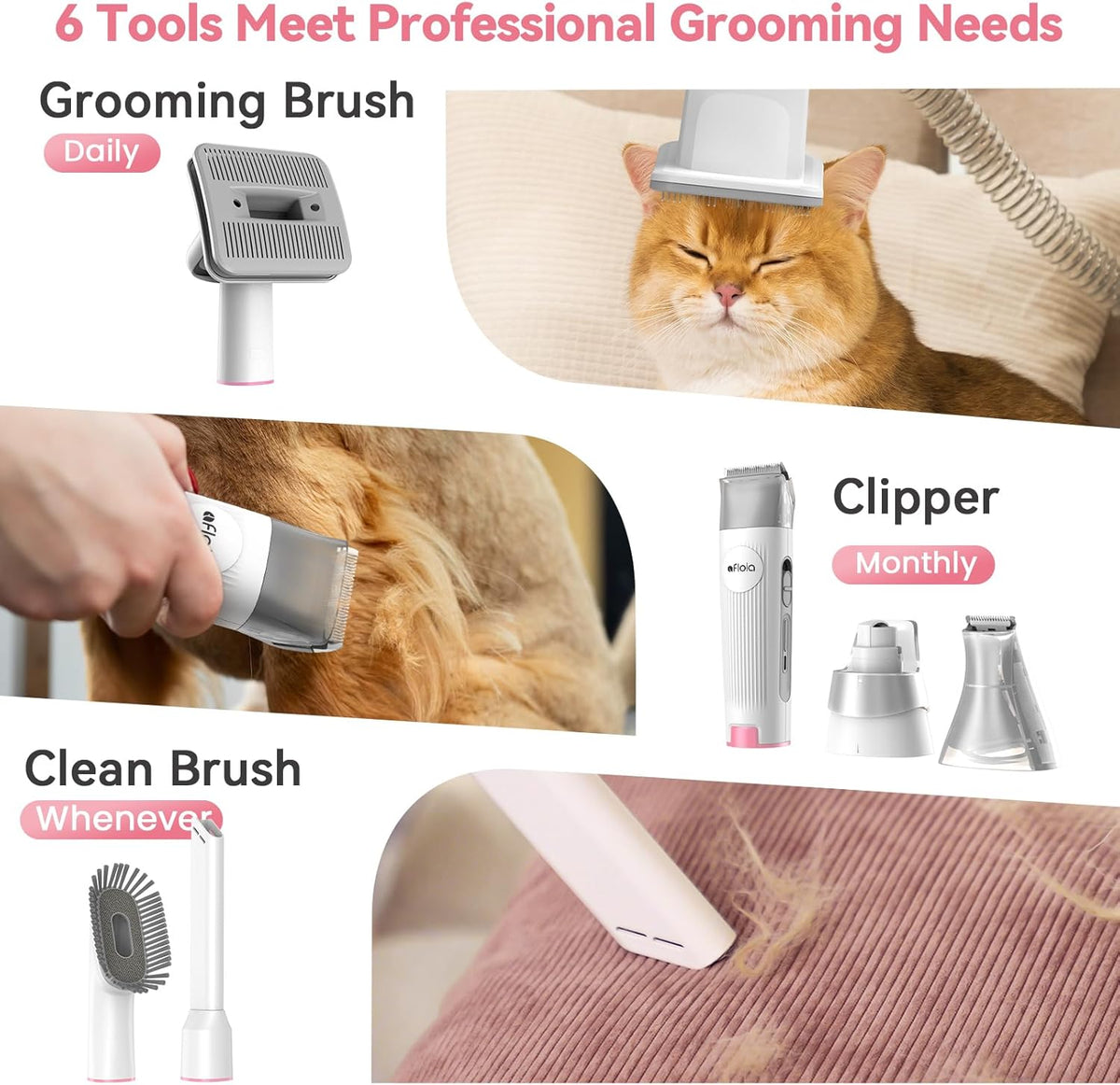 Afloia Dog Grooming Kit, Pet Grooming Vacuum & Dog Clippers Nail Trimmer Grinder & Dogs Brush for Shedding with 6 Pets Groom Tools, Low Noise Dogs Hair Remover Pets Supplies (White) - PuriLite