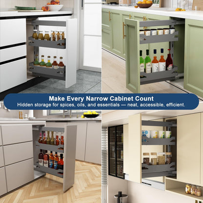 VADANIA Narrow Pull Out Cabinet Organizer, For 8" Cabinets 2-Tier Slim Cabinet Storage for with Solid Metal Trays, Soft Close Full-Extension Slides, Reversible Left or Right Side Mount