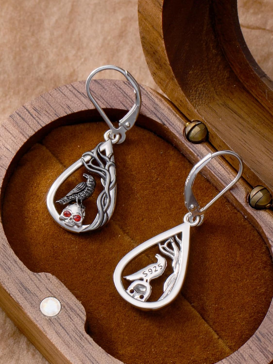 Lypic Crow Skull Earrings 925 Sterling Silver Raven Leverback Earrings Spooky Gothic Halloween Witchy Jewelry for Women Daughter, Created Zircon - PuriLite