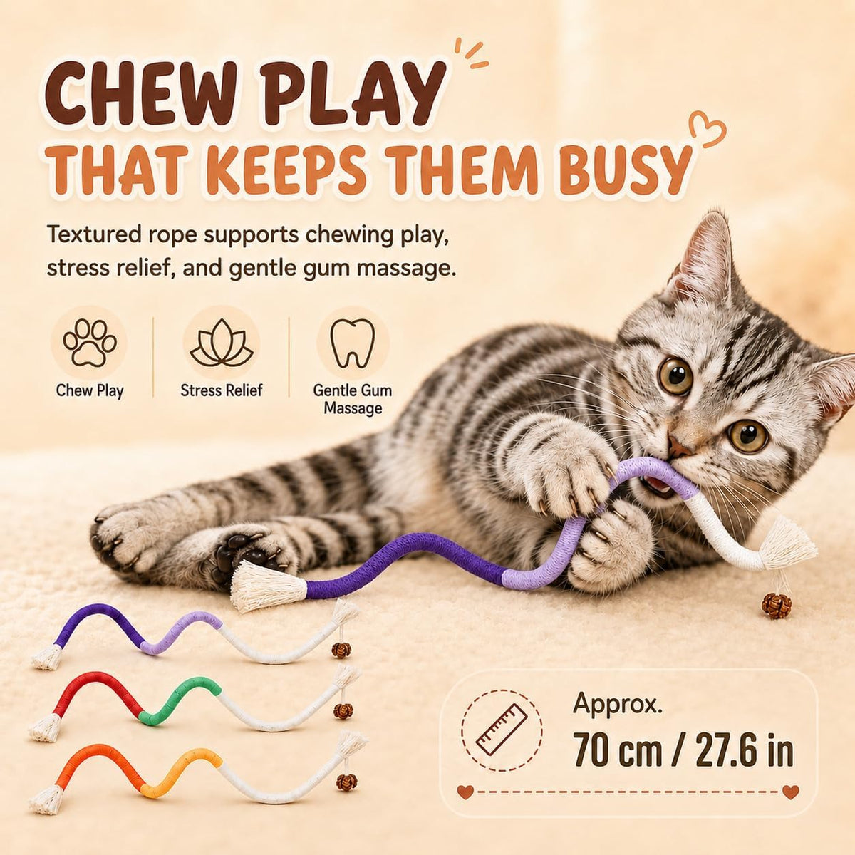 Cat Chew Long Rope Toys(27.5 Inch) 3PCS Refillable Catnip and Silvervine, Interactive Toy for Indoor Cats & Kittens, Safe Dental Chew Toys for Teeth Cleaning & Stress Relief