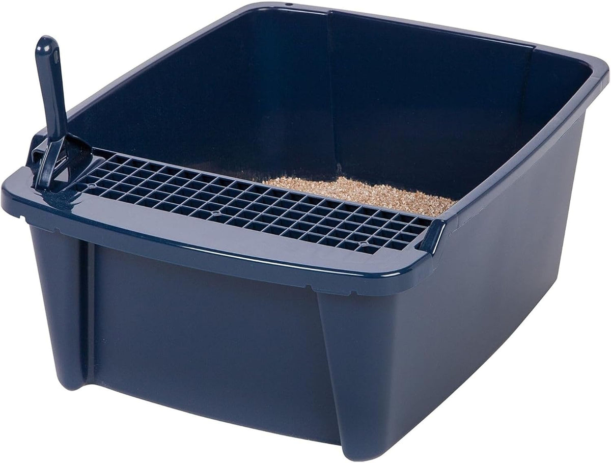 IRIS USA Cat Litter Box, Litter Box Enclosure with Scoop and Front Door Flap, Covered Kitty Litter Box for Privacy, Portable, Easy to Clean, Navy - PuriLite