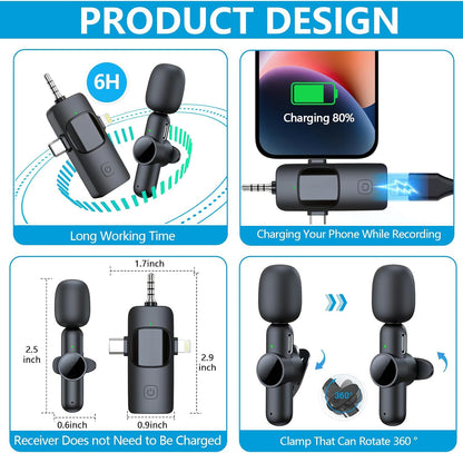 2 Pack Wireless Lavalier Microphone for iPhone iPad, RICCHI Mini Microphone Plug-Play Wireless Mic for Video Recording, Interview, YouTube, Facebook, TikTok, Auto Sync and Noise Reduction - PuriLite