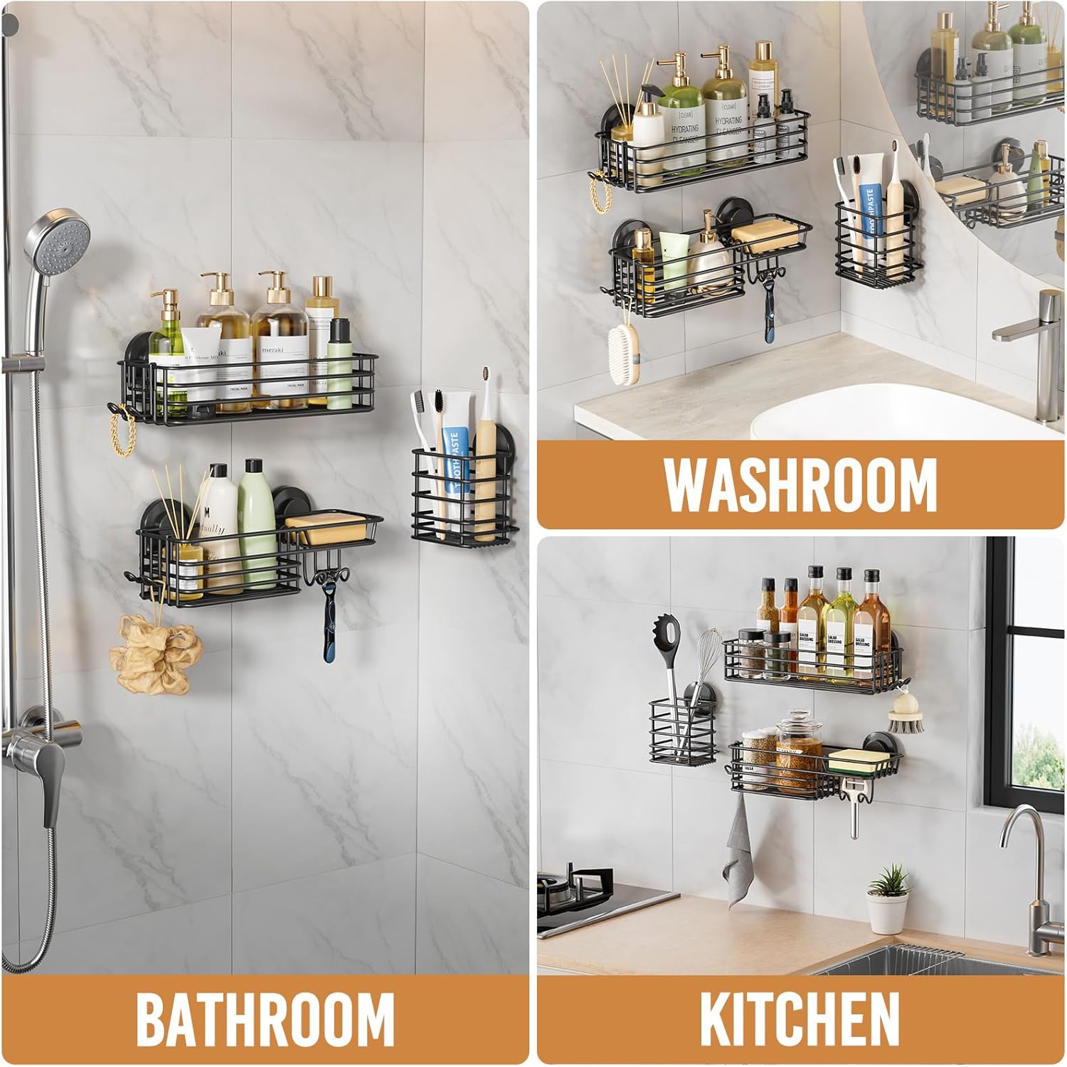 LEVERLOC Shower Caddy Suction Cup, 2 Pack Black Shower Shelf with Hooks and Soap Holder, NO-Drilling Bathroom Organizer, Rustproof Metal Bathroom Storage and Organization - PuriLite