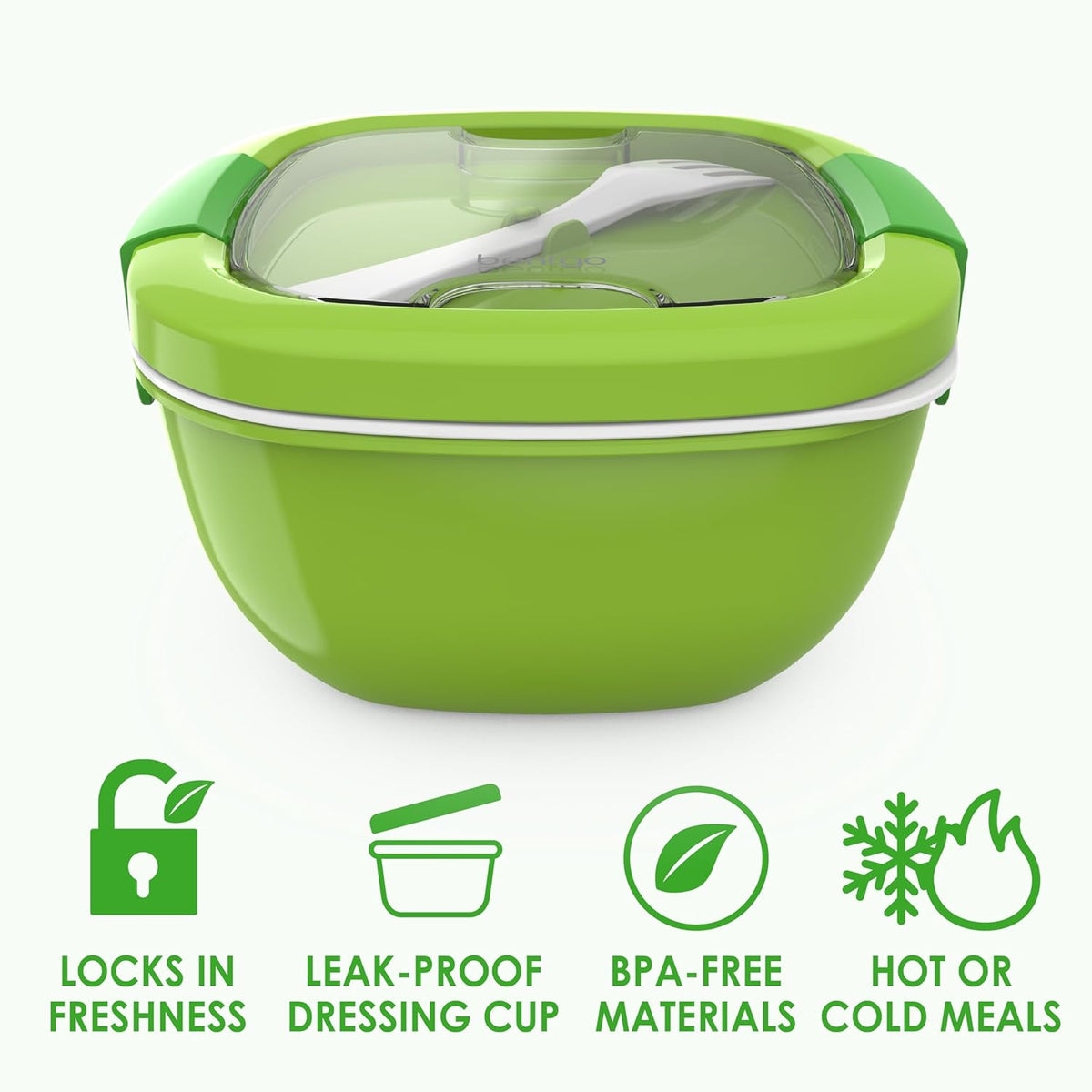 Bentgo Salad - Stackable Lunch Container with Large 54-oz Salad Bowl, 4-Compartment Bento-Style Tray for Toppings, 3-oz Sauce Container for Dressings, Built-in Reusable Fork & BPA-Free (Khaki Green) - PuriLite