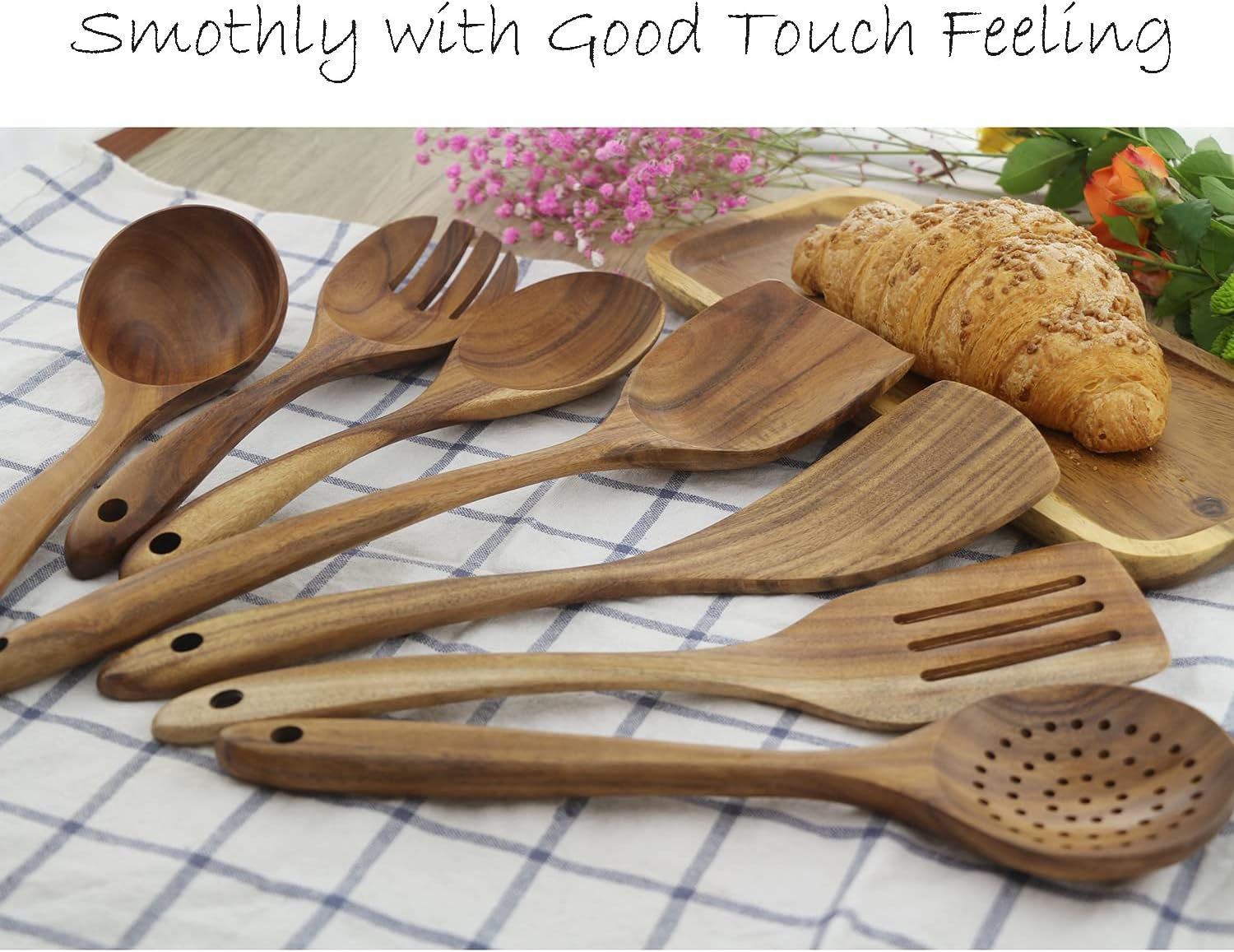Wooden Spoons for Cooking, ADLORYEA Wood Kitchen Utensils Set, Natural Teak Wooden Cooking Utensils set for Nonstick Cookware, 7-Piece Sturdy Eco-friendly and Healthy Wooden Spatula for Cooking - PuriLite