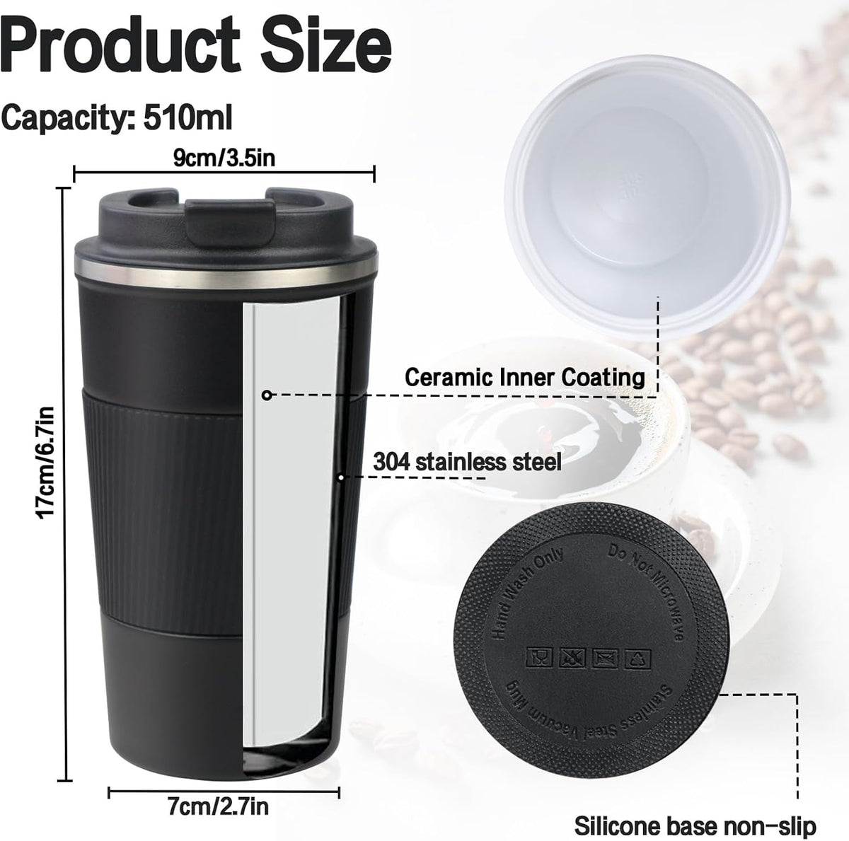 18oz Mug with Ceramic Coating Inside, Insulated Coffee Mug with Lid, Leak Proof Coffee Travel Mug, Travel Coffee Mug Fits in Car Cup Holder - PuriLite