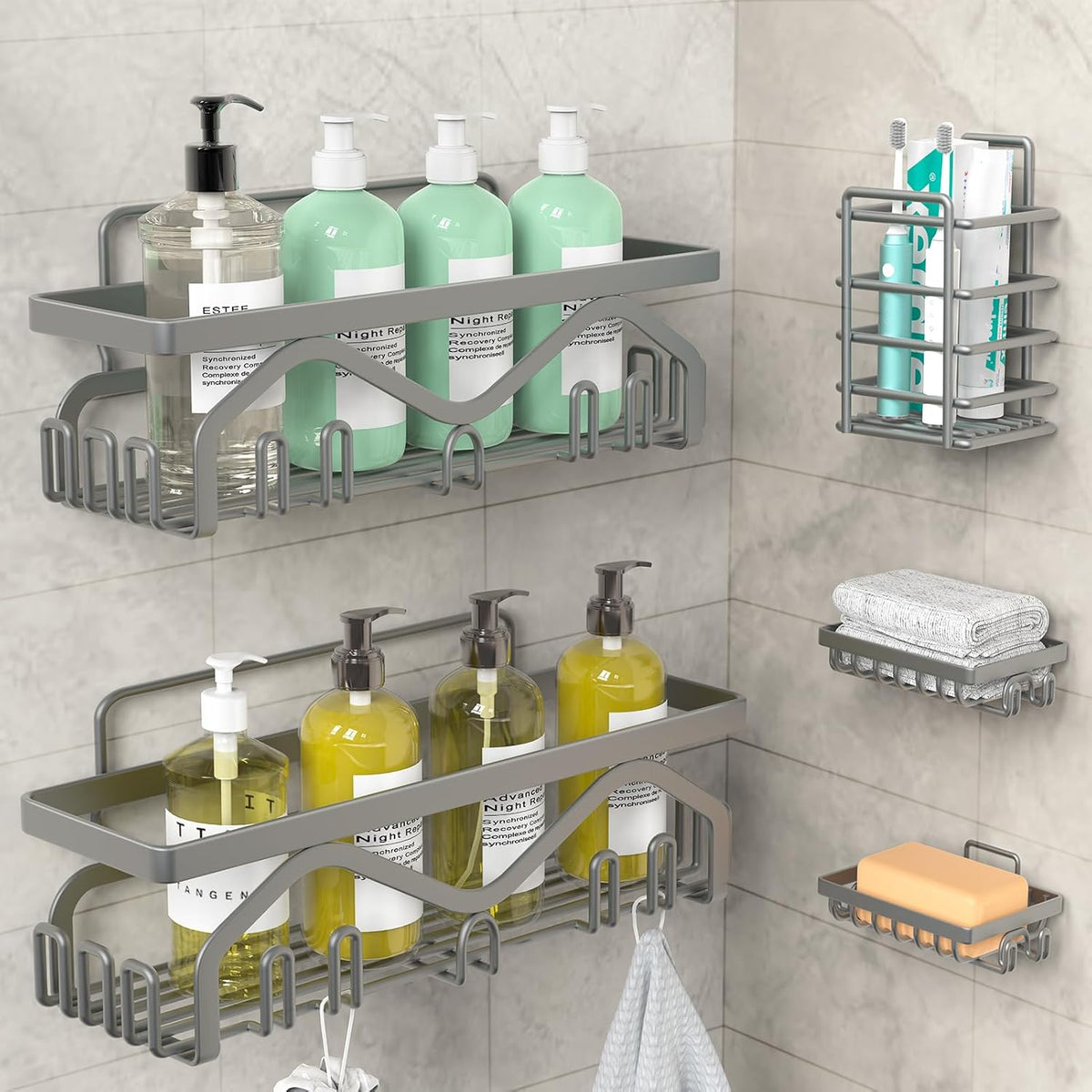 Coraje Adhesive Shower Caddy, 5-Pack Shower Shelves, Large Capacity Load Bearing 40 LBS Shower Organizer, No Drilling Shower Shelf, Rustproof Stainless Steel Bathroom Shower Storage, Black - PuriLite