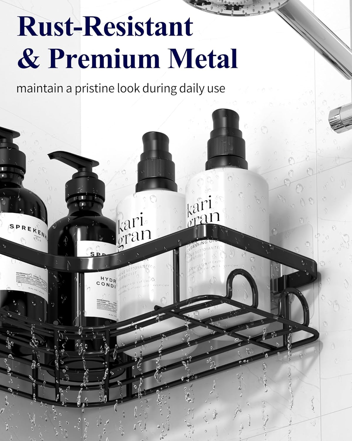 Kitsure Corner Shower Caddy - 2 Pack Rustproof Shower Organizer, Durable Shower Shelf with Large Capacity, Drill-Free Adhesive Bathroom Shelves with 4 Movable Hooks, 11.0 x 21.5 x 4.5cm, Black - PuriLite