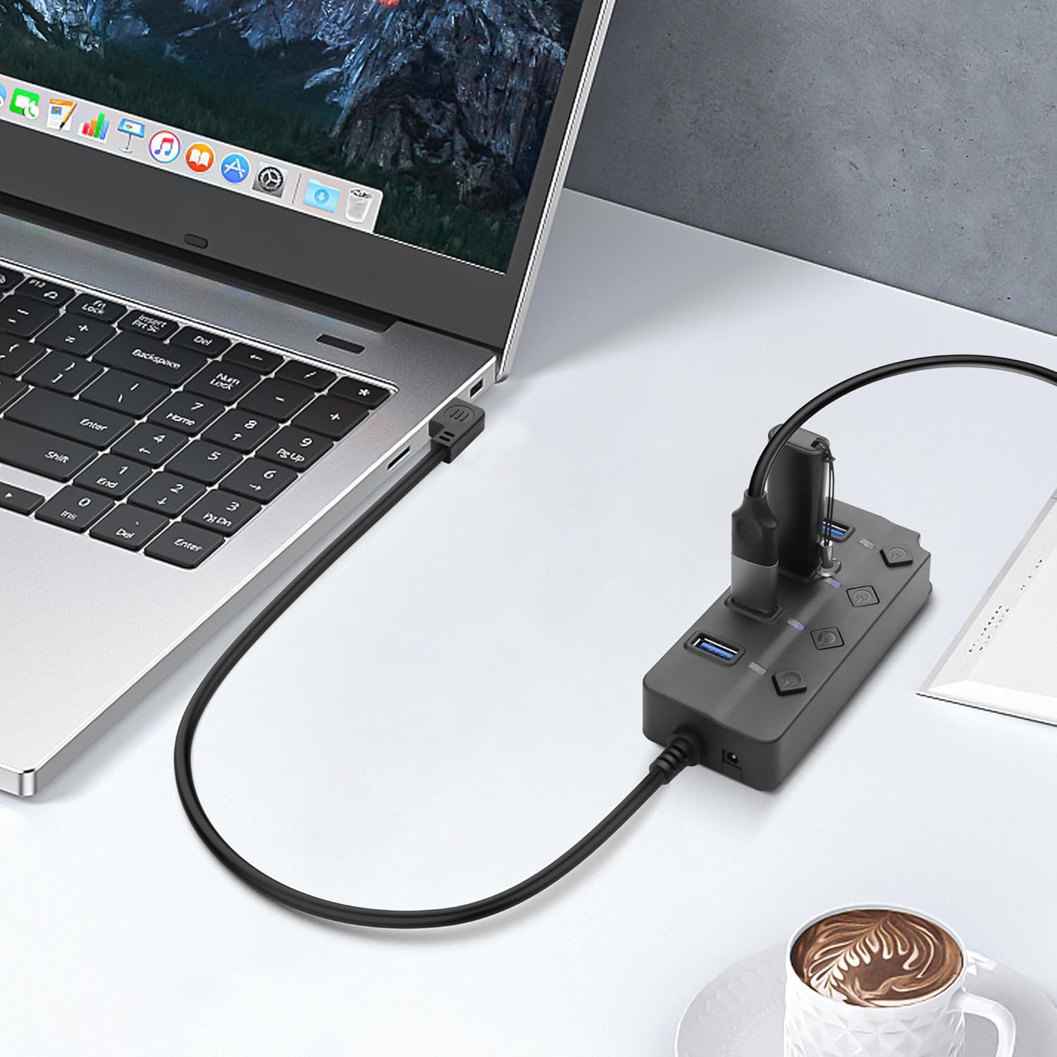 90 Degree USB Hub Splitter YACSEJAO USB 2.0 Data Hub with Individual LED Button On/Off Switch DC5.5 * 2.1 Power Port for Laptop,PC Computer (7 Ports, 1M) - PuriLite