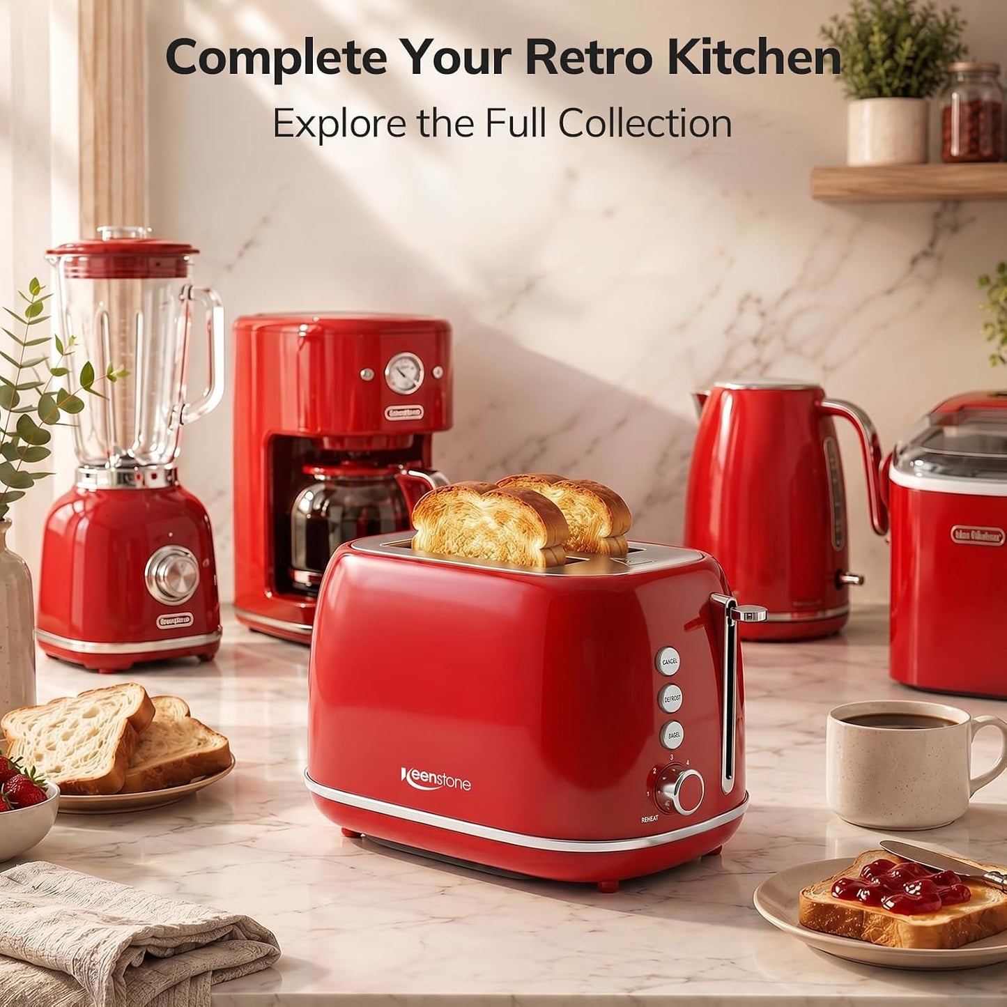 Toaster 2 Slice Stainless Steel Toaster Retro with 6 Bread Shade Settings, Bagel, Cancel, Defrost Function, 2 Slice Toaster with Extra Wide Slot, Removable Crumb Tray, Red