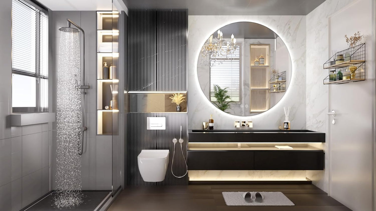 TETOTE 28 Inch Round LED Bathroom Vanity Mirror, Anti-Fog Dimmable Lights IP54 Waterproof Circle Makeup Wall Mounted Mirror - PuriLite