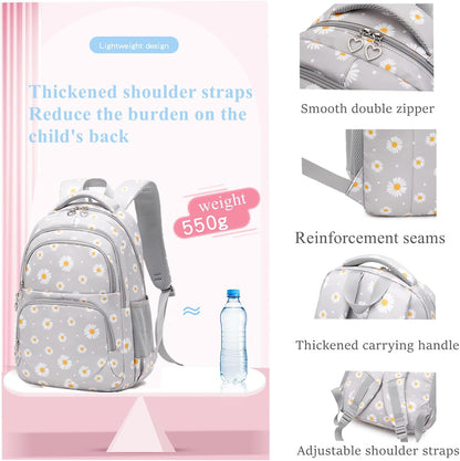 3Pcs Daisy Prints Backpack for Girls Bookbag set Primary School Daypack Elementary Students Knapsack with Lunch Box - PuriLite