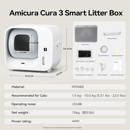 Amicura Automatic Cat Litter Box, Self Cleaning, 360-Degree Detection Smart Anti-Pinch, App Control, Odor-Proof, 65L Extra Large Open-top Cat Litter Box, Ultra Quiet Cat Toilet - PuriLite