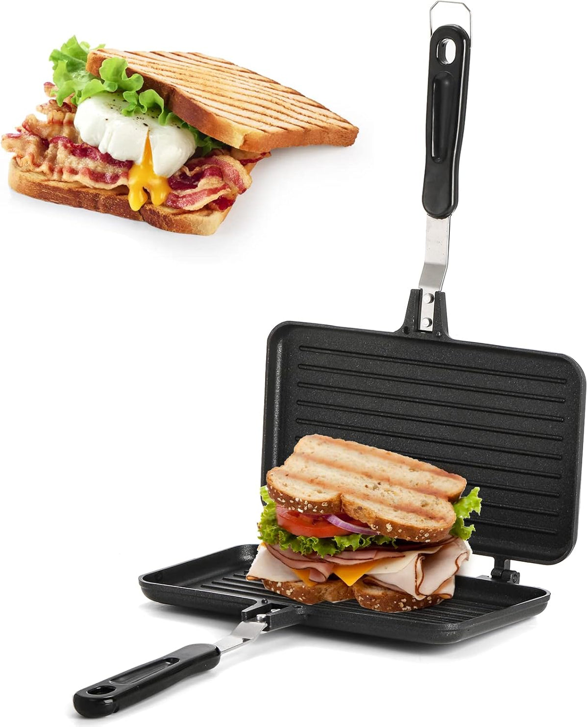 SOUJOY Sandwich Maker, Non-stick Grill Panini Maker Pan with Handle, Stovetop Toasted Aluminum Flip Pan Indoor Outdoor Camping Home Kitchen Breakfast - PuriLite