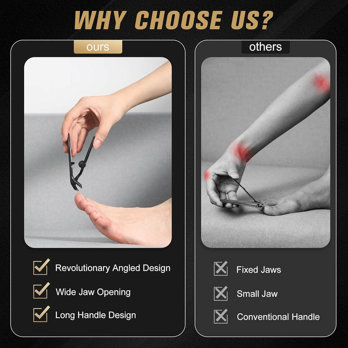 FERYES Angled Head Long Handled Toenail Clipper for Seniors - Large Wide Jaw Nail Clipper with Catcher for Thick Nails - Easier Trimming, Ergonomic Design (Black) - PuriLite