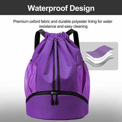 Hoedia Sports Drawstring Backpack - String Swim Gym Bag with Shoes Compartment and Wet Proof Pocket for Women/Men - PuriLite