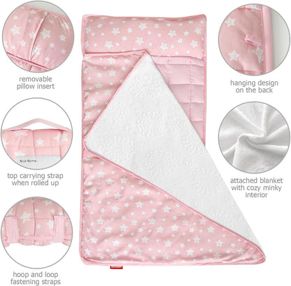 Toddler Nap Mat with Pillow and Fleece Minky Blanket, Kids Sleeping Bag Lightweight and Soft Perfect for Kids Preschool, Daycare, Travel Sleeping Bag Boys and Girls, Fit Standard Cot - PuriLite