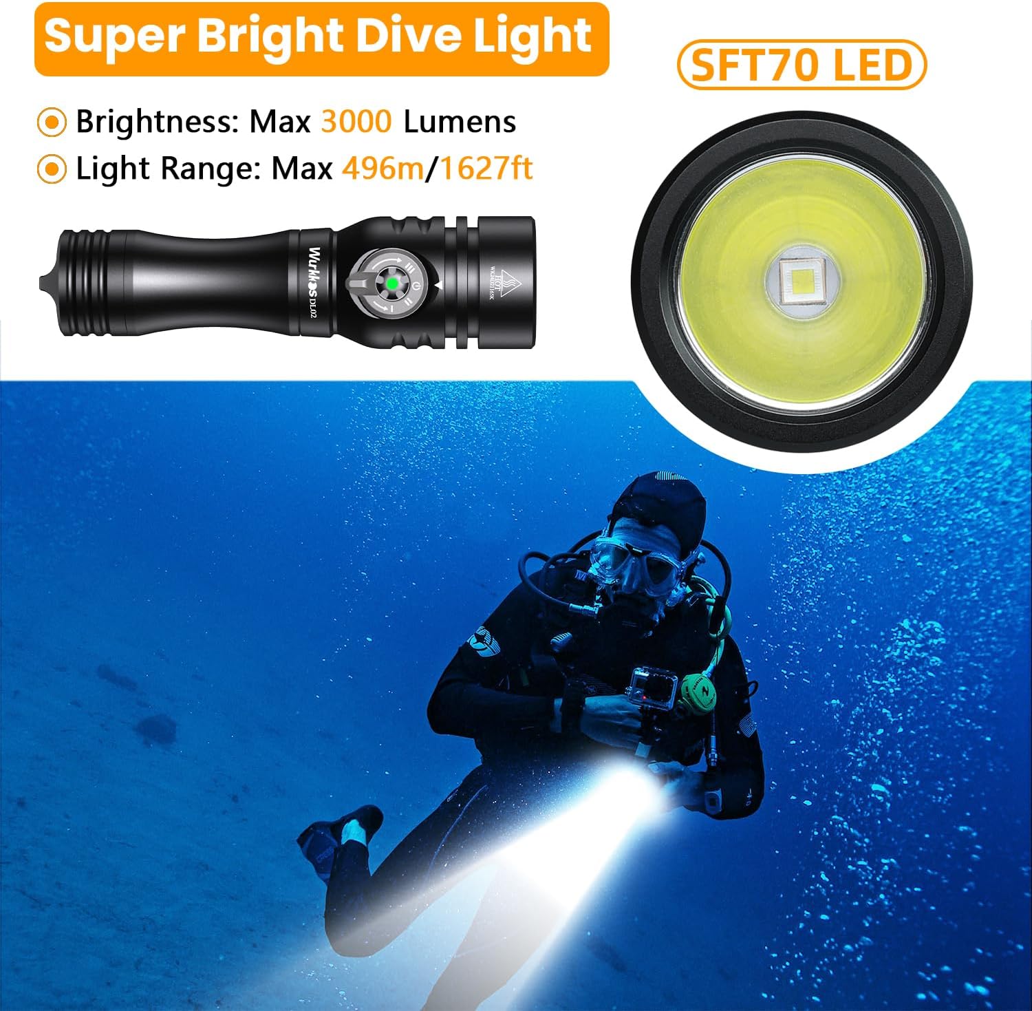 Wurkkos DL02 Scuba Diving Flashlight, Max 3000Lumen, 496M Long Range, 100M Underwater, Power Indicator, 3 Lighting Modes, Submarine Light for Deep Sea Cave - PuriLite