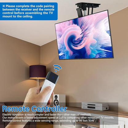 TOPSKY Electric Adjustable Ceiling TV Mount with Remote, Motorized Flip Down Pitched Roof TV Mount for 32 to 70 Inch Flat and Curved Screen TVs (Black) - PuriLite