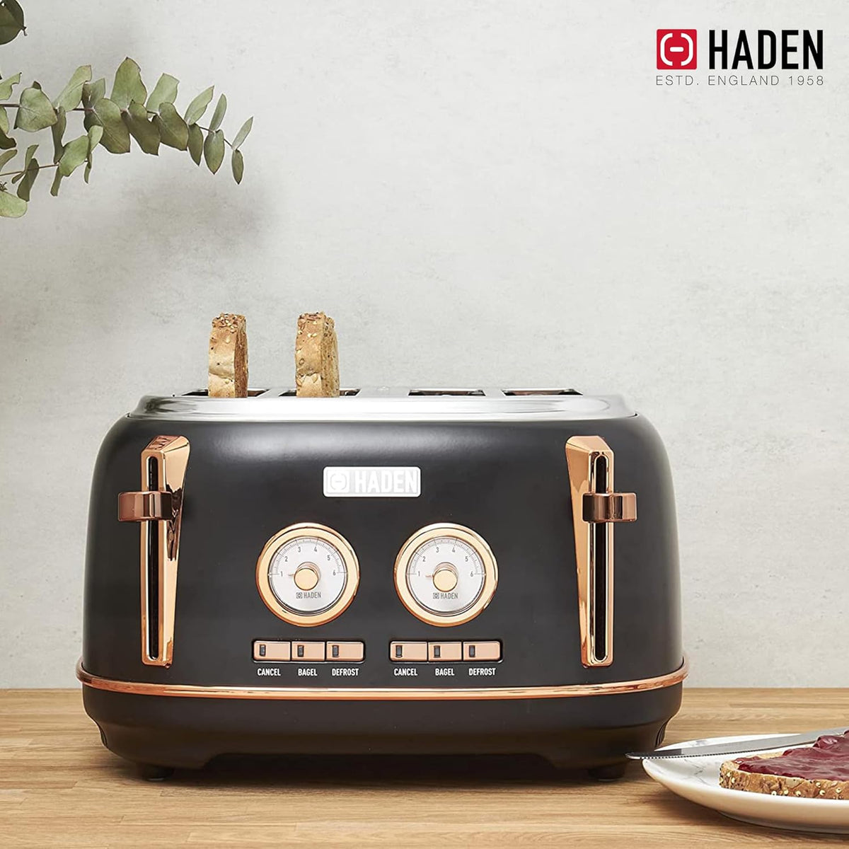 Haden Dorset 75083 Stainless Steel 1500W Retro Toaster 4 Slice Wide Slot w/Removable Crumb Tray and Settings, Black/Copper Toasters w/Adjustable Browning Control, Smart Toaster - PuriLite