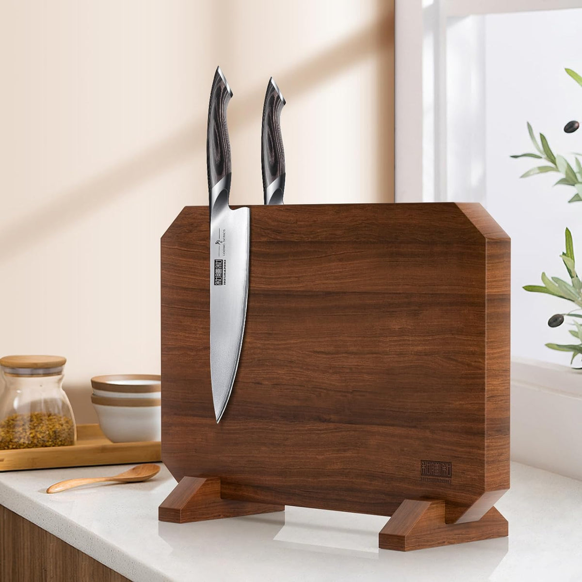 HOSHANHO Magnetic Knife Block 14 x 10 Inches, Double Sided Magnetic Knife Holder Rack for Kitchen Counter, Acacia Wood Magnetic Knife Storage Stand with Knife Sharpener - PuriLite