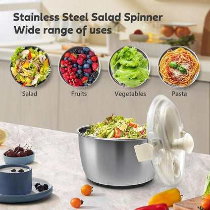Cenroelon Stainless Steel Salad Lettuce Spinner Quick Manual Compact with Lid,Basin Drain Frame Non-Slip Base - PuriLite