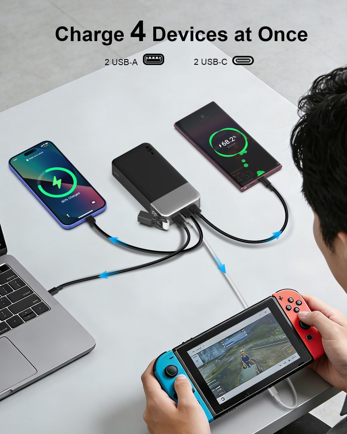 NOBIS 45W Power Bank 20000mAh Power Bank with Detachable USB-C Cable Fast Charging Battery Pack, 2 USB-C In/Out & 2 USB-A, Digital Display, Small Current Mode, Compatible with Phone 17 S25