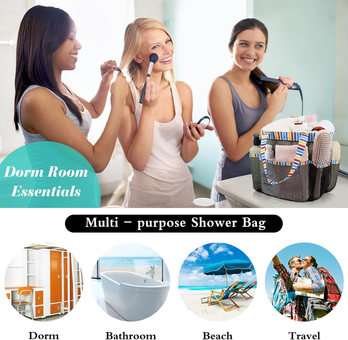Attmu Mesh Shower Caddy Portable for College Dorm Room Essentials with 8 Pockets, Hanging Shower Caddy Basket Tote Bag Toiletry Accessories for Bathroom - PuriLite
