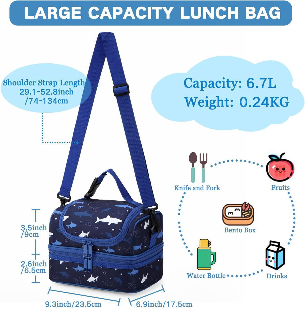 VASCHY Lunch Box Bag Men, Insulated Two Compartments Bento Cooler Bags for Adults/Women/Kids for School,Daycare,Kindergarten,Picnic Black - PuriLite