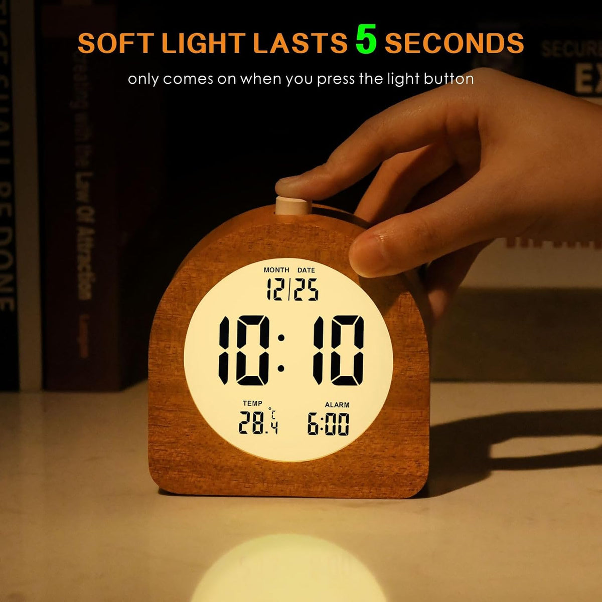Plumeet Wooden Digital Alarm Clock for Bedrooms, Wood 4'' Battery Powered Alarm Clock with Snooze and Nightlight, Electronic LCD Desk Clock Display Time, Date, Temp, 12/24H, Wood Décor (Sapele, 3.2'') - PuriLite