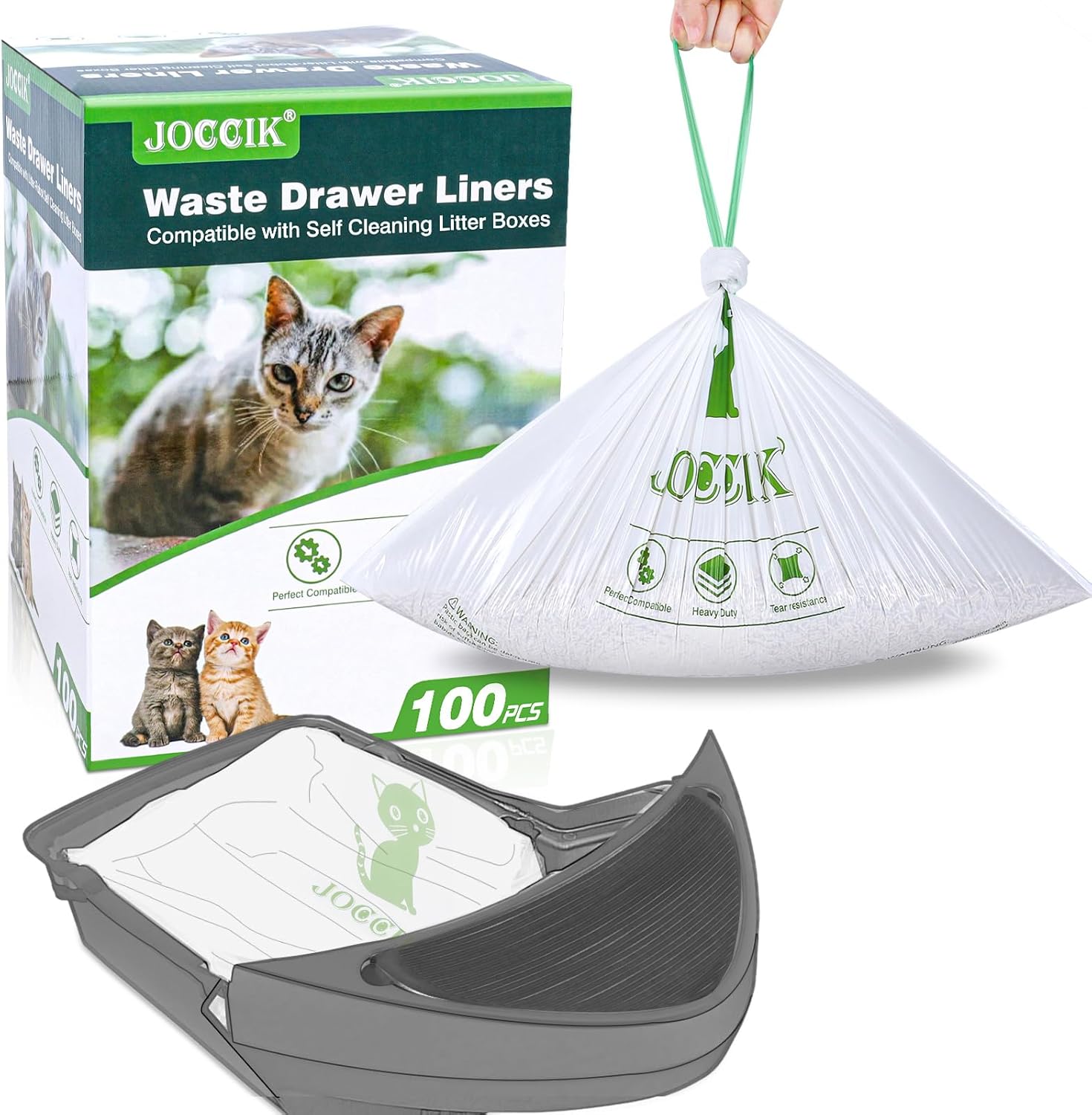 Cat Litter Box Liner Bags Compatible with Self-Cleaning Litter Box Robot 100 Pack, Waste Drawer Liners Heavy Duty White 9-11 Gallons Replacement Bags - PuriLite